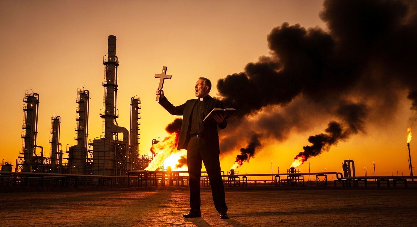 A preacher holding a Bible and cross in front of oil refineries and smokestacks under a polluted orange sky, symbolizing Christian climate denial and the worship of fossil fuels.