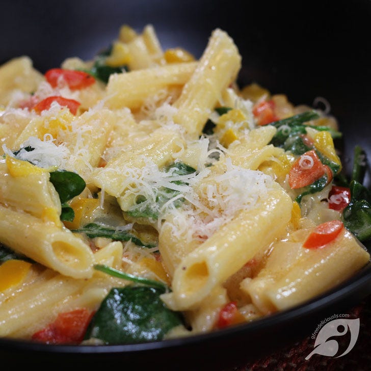 Closeup of Mascarpone & Pepper Penne Pasta in a bowl