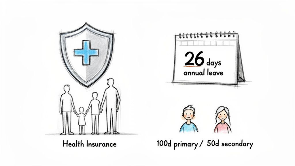 An illustration of staff benefits: health insurance, 26 days annual leave, and primary/secondary care leave. An illustration of staff benefits: health insurance, 26 days annual leave, and primary/secondary care leave.