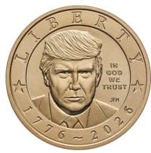 A gold-colored coin featuring a portrait of Donald Trump with distinctive swept hair, surrounded by text and stars