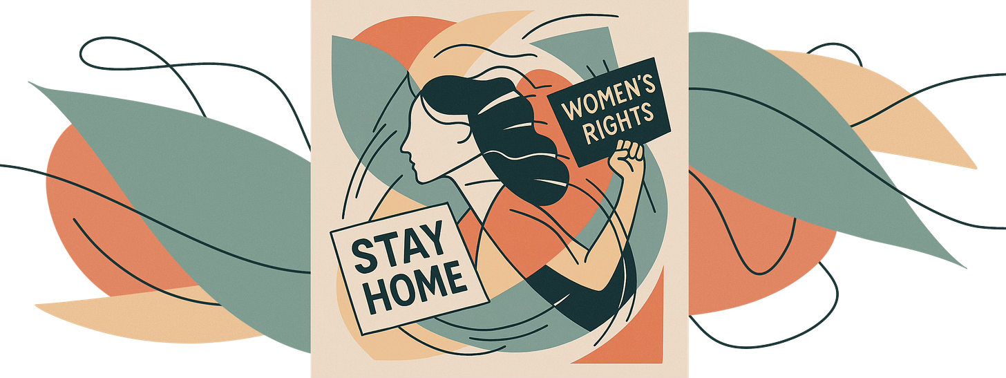 Illustration titled Whiplash, showing a woman pulled in two directions while holding signs that read “Stay Home” and “Women’s Rights.” 