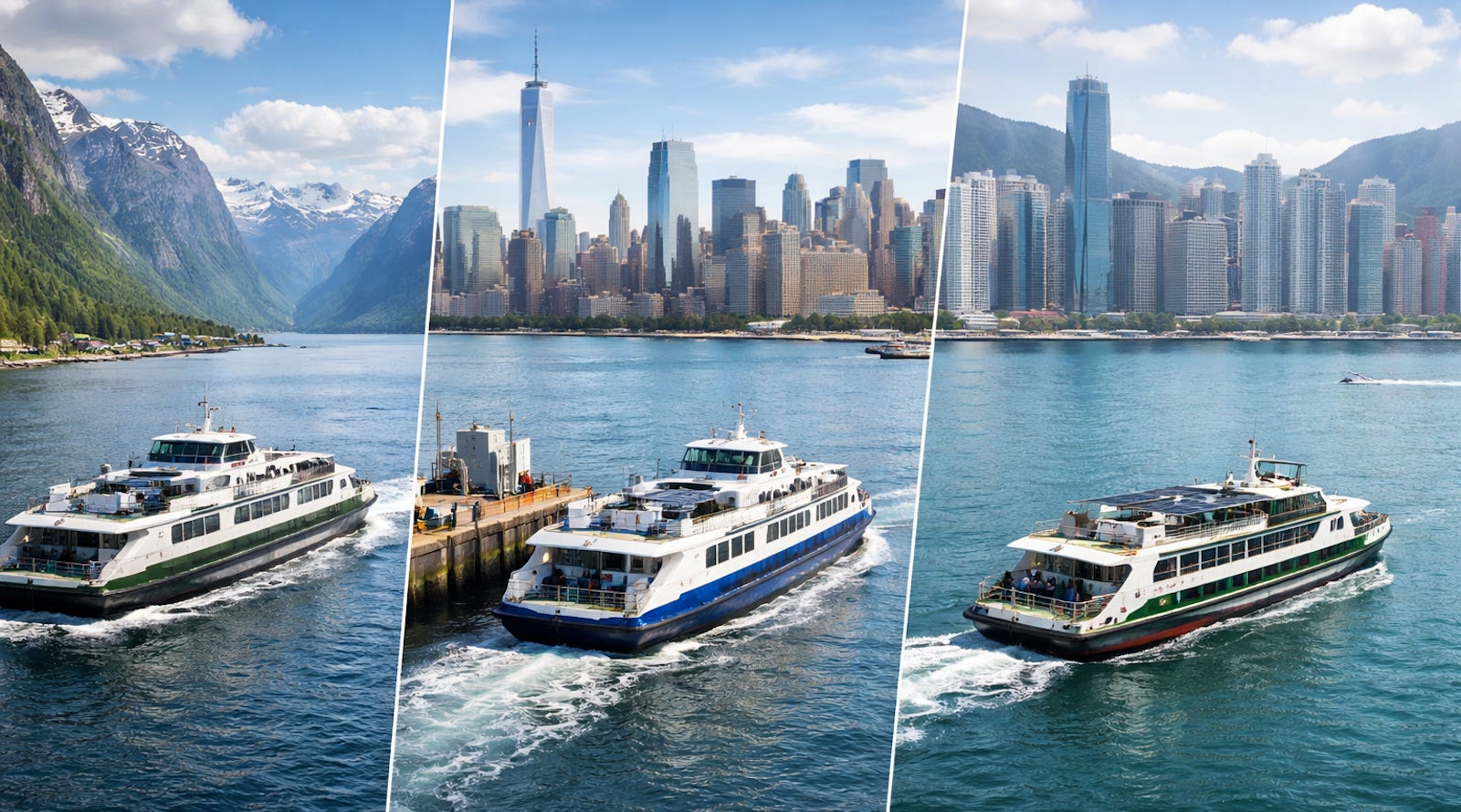 Global montage of battery-electric and battery-hybrid ferries across different regions and route types, showing ferry electrification as a growing maritime market. Global montage of battery-electric and battery-hybrid ferries across different regions and route types, showing ferry electrification as a growing maritime market.