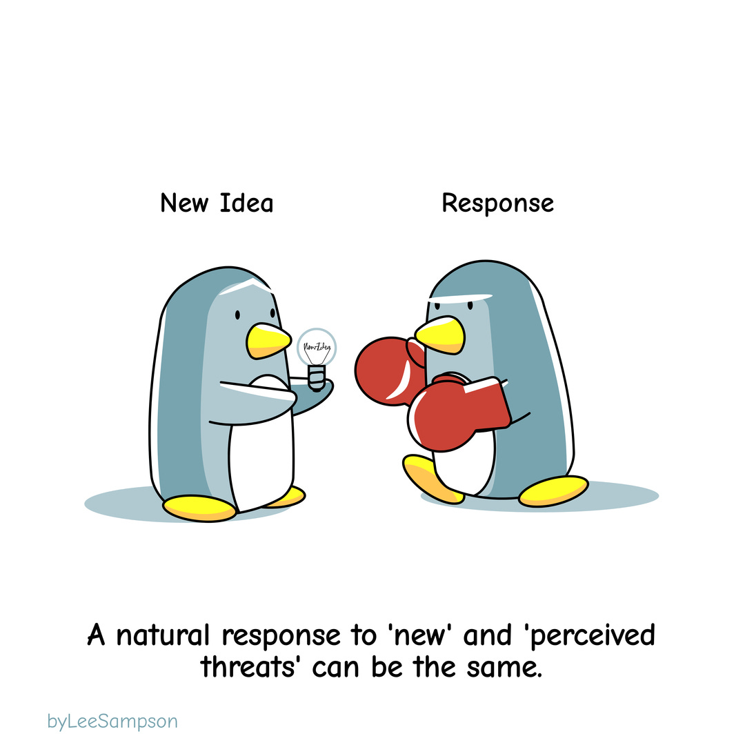 A leadership cartoon about change featuring penguins wearing boxing gloves by Lee Sampson.