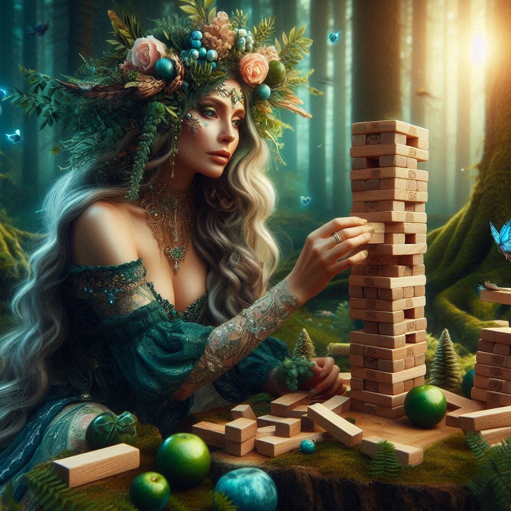 The Mystic Goddess Gaia playing with a Jenga tower in her beautiful forest