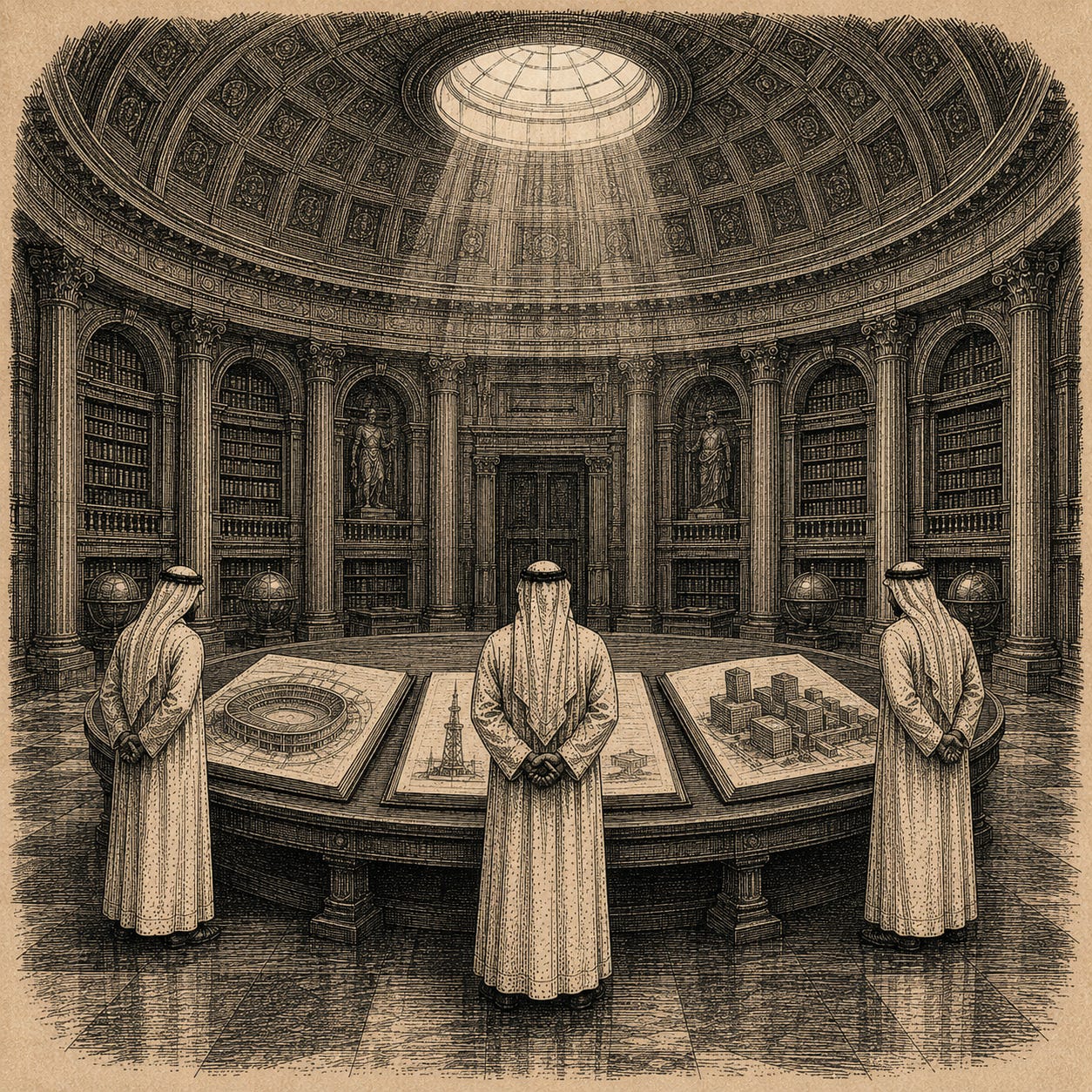 Wood-engraving editorial illustration in the Thomas Nast Harper's Weekly style for Attention Capital's essay The Largest Attention Allocator In The World. The image shows a centered high reading room with a circular table illuminated by an oculus above. Three identical leather-bound portfolios rest open on the table, each holding architectural drawings of a stadium, a media tower, and an interconnected network of office buildings. Three robed figures study one portfolio each. The visual argument: QIA, Mubadala, and ADQ run parallel attention books with identical architectural shapes, building the same asset class through different vehicles. Keywords: Qatar Investment Authority, Mubadala Capital, PSG, Monumental Sports, TWG Global, sovereign wealth attention investment. Wood-engraving editorial illustration in the Thomas Nast Harper's Weekly style for Attention Capital's essay The Largest Attention Allocator In The World. The image shows a centered high reading room with a circular table illuminated by an oculus above. Three identical leather-bound portfolios rest open on the table, each holding architectural drawings of a stadium, a media tower, and an interconnected network of office buildings. Three robed figures study one portfolio each. The visual argument: QIA, Mubadala, and ADQ run parallel attention books with identical architectural shapes, building the same asset class through different vehicles. Keywords: Qatar Investment Authority, Mubadala Capital, PSG, Monumental Sports, TWG Global, sovereign wealth attention investment.
