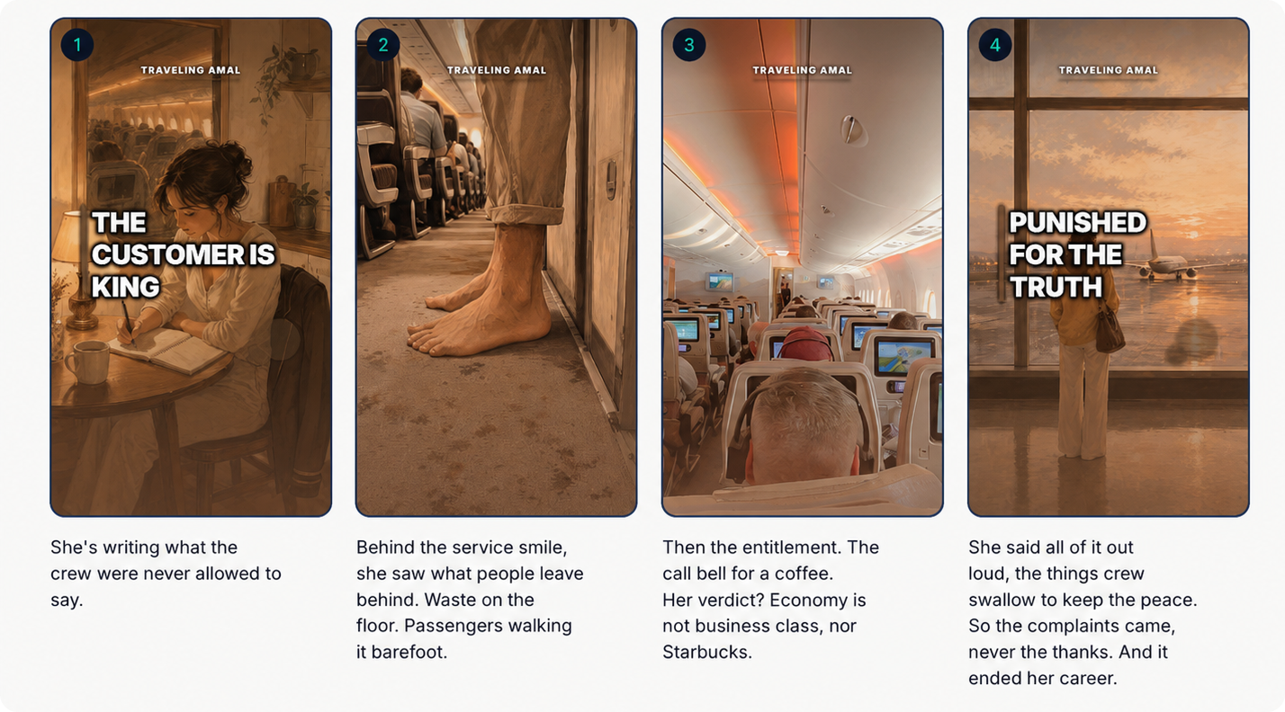 Four-panel storyboard turning a Substack essay into a vertical reel, tracking a flight attendant writing what crew can't say, cabin waste, passenger entitlement, and a career ended by speaking up.