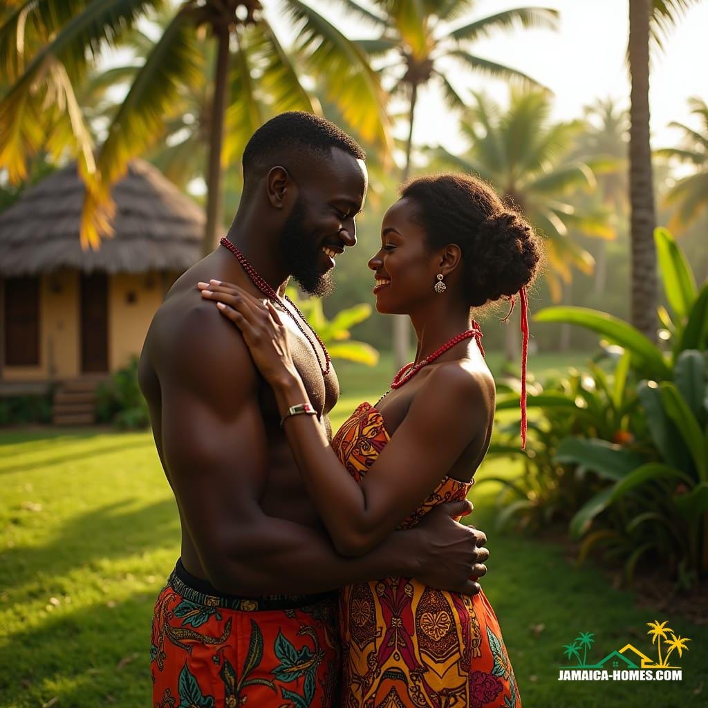 A handsome black couple in traditional Jamaican attire, embracing each other amidst a lush, vibrant landscape of their Caribbean ecotourism haven, surrounded by swaying palm trees and exotic flora, with a rustic wooden cabin in the background, warm golden light casting a romantic glow, cinematic film grain and subtle vignette adding depth and texture, color graded with a rich, earthy tone