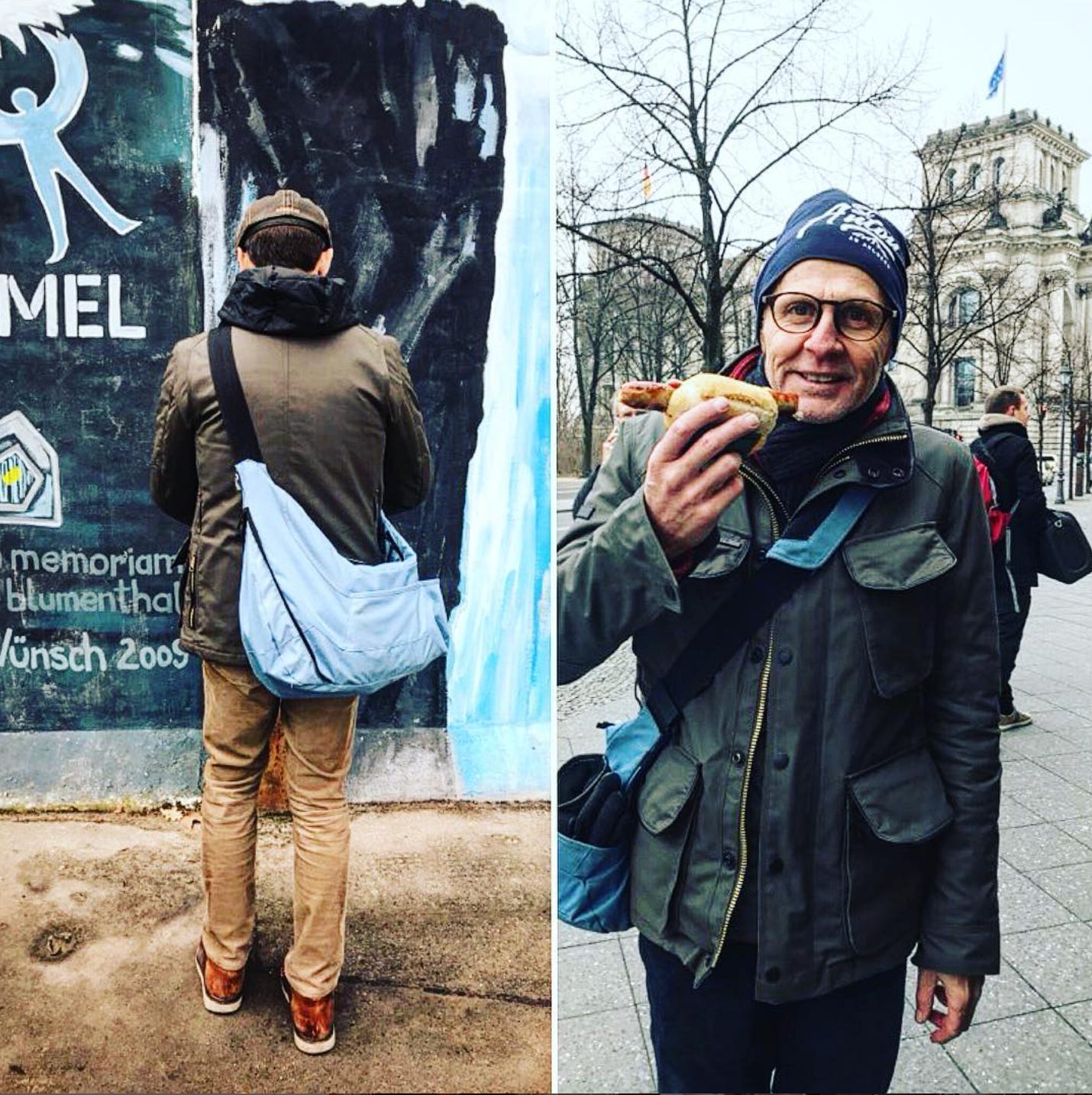 Two photos side by side: on the left, a man with a satchel stands facing a painted remnant of the Berlin Wall; on the right, the same man smiles while holding a sausage in a bread roll near the Reichstag.