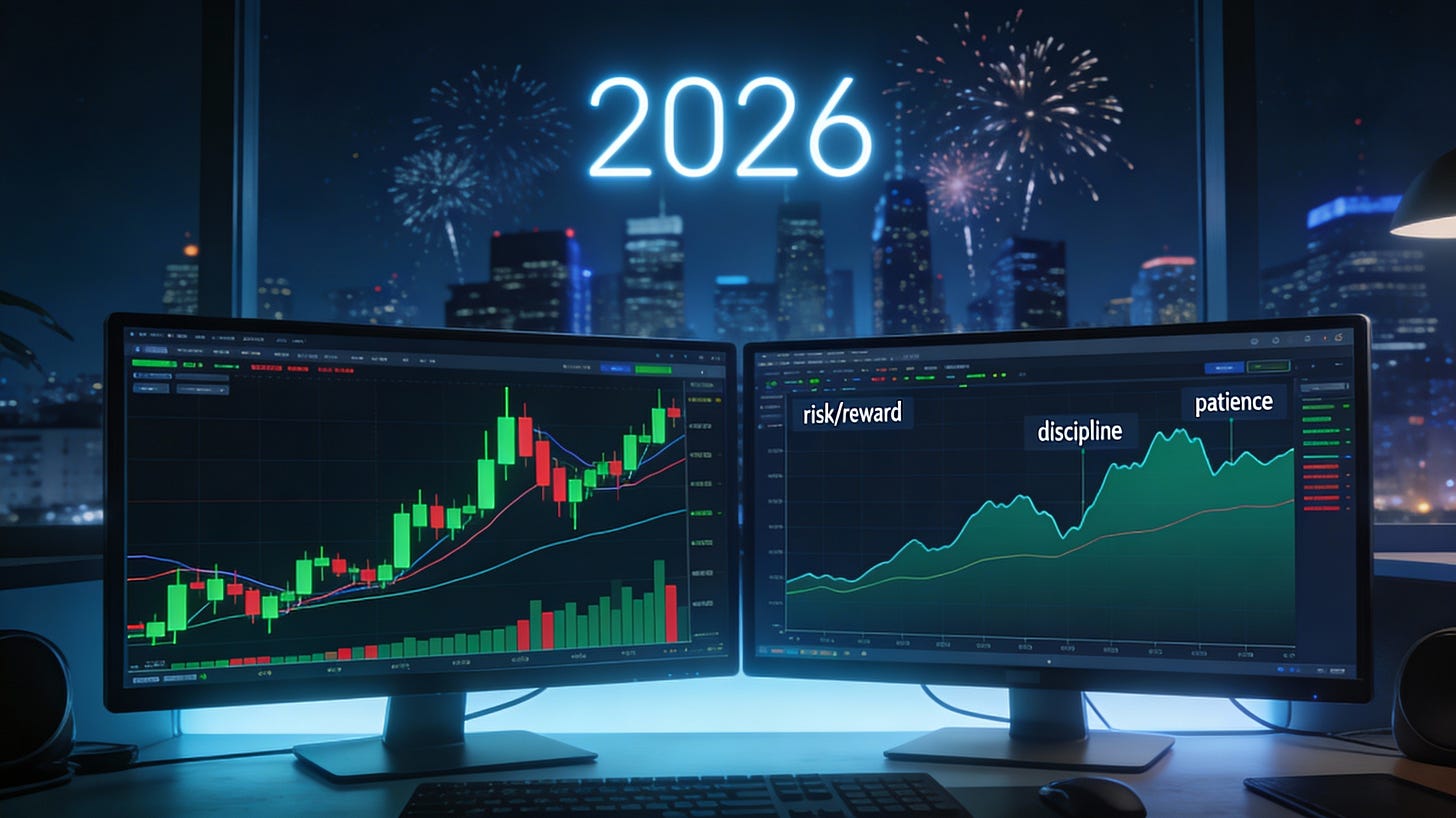 New Year themed trading desk wallpaper for swing traders in 2026.