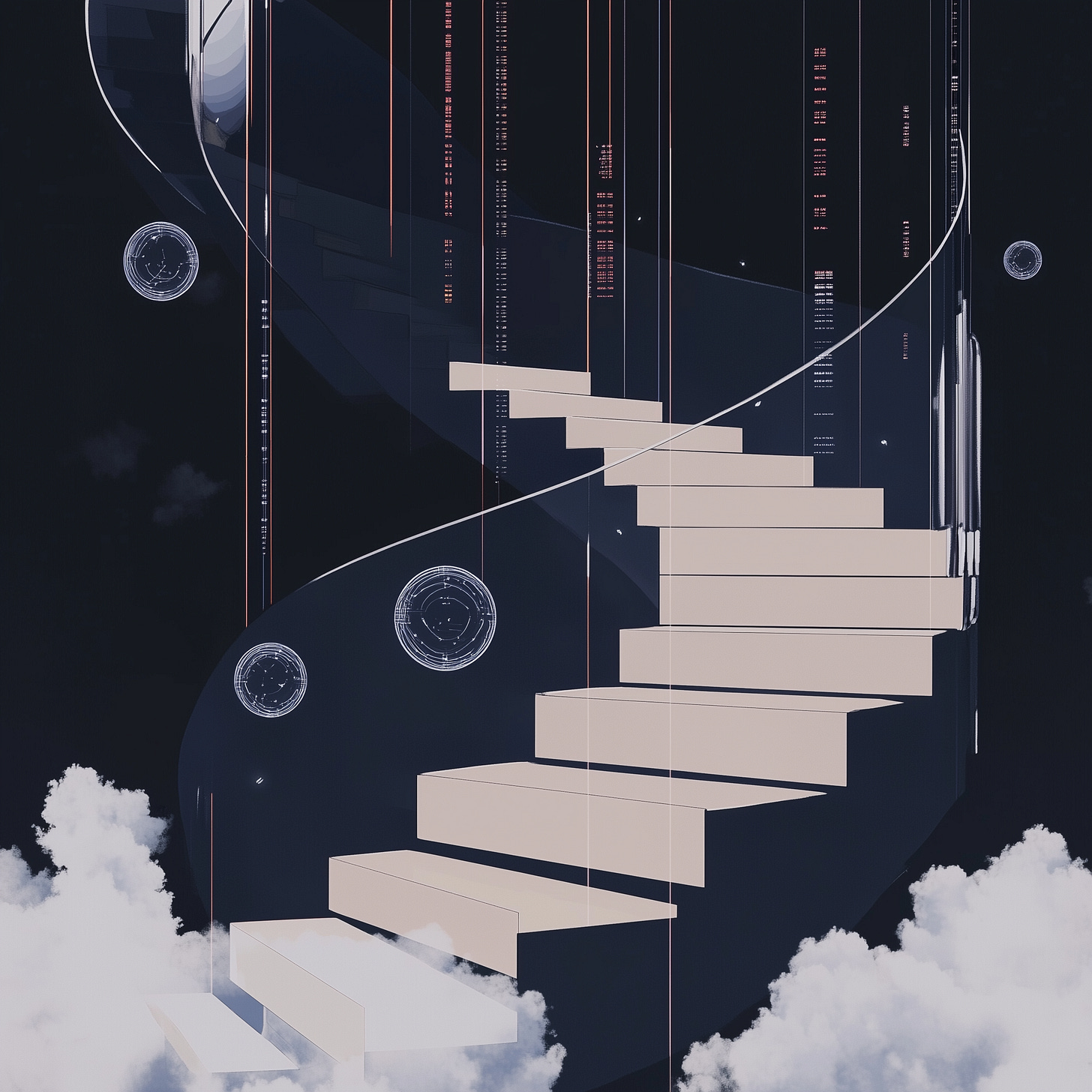 The image shows a surreal, floating staircase made of glass steps that ascends in an elegant spiral through misty clouds. Each step appears as a semi-transparent platform, with some steps more solid and others nearly invisible, symbolizing an uncertain path. Around the staircase, delicate glass spheres hover, each containing intricate, glowing patterns of binary code and neural network designs. Thin, vertical lines with data patterns enhance the futuristic ambiance. The scene has a dreamy and ethereal quality, with a minimalistic color palette of soft whites, beiges, and dark backgrounds that add contrast to the glowing elements.