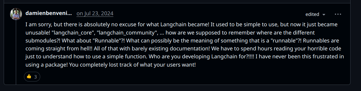 A user expressing their frustration with LangChain [source: discussion thread].