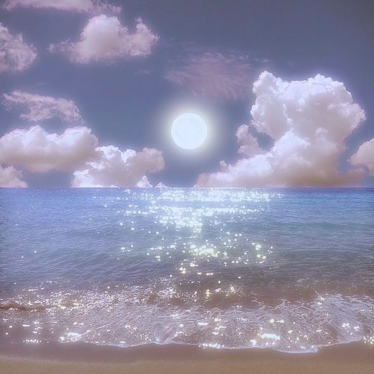 This may contain: the sun shines brightly in the sky over the ocean and beach as it reflects on the water