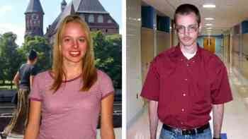 Two photos of people posing: A woman on the left and a man on the right
