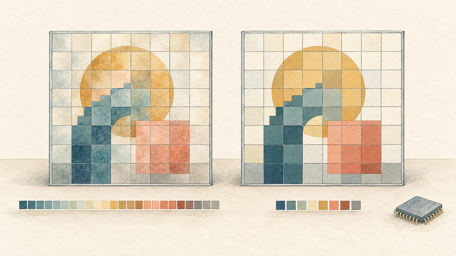 Two matching watercolor mosaics use different numbers of color shades. Two matching watercolor mosaics use different numbers of color shades.