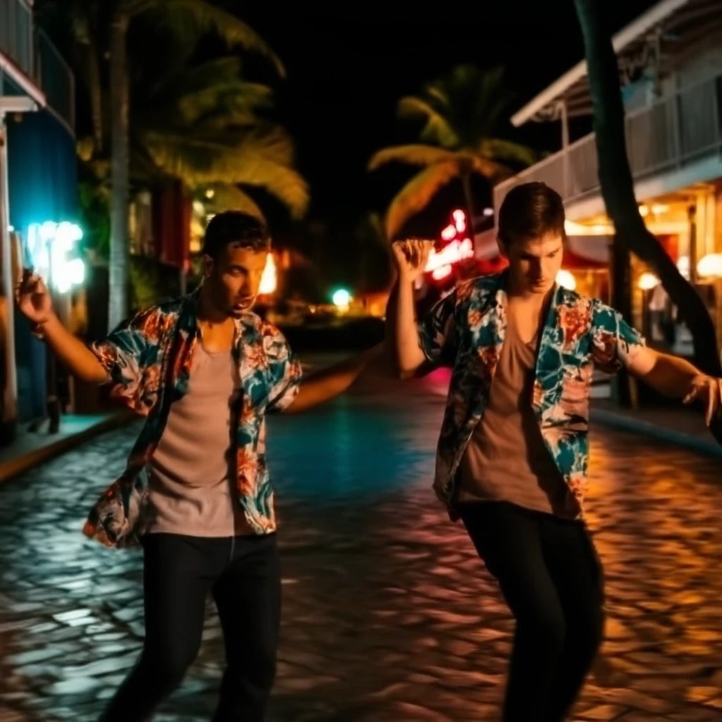 young men wearing hawaiian shirts in Key West Florida dancing with each other at night