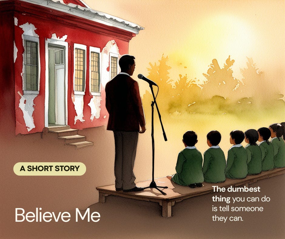 Illustration of a man speaking at a microphone on a small stage in front of an old red and white school building, with children in green uniforms seated facing him. Illustration of a man speaking at a microphone on a small stage in front of an old red and white school building, with children in green uniforms seated facing him.