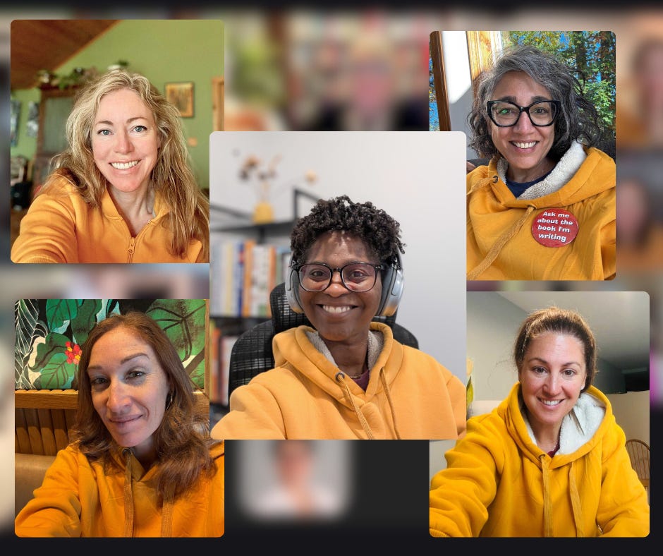 Sandie Markle of Blueberri with other members of AJ Harpers T3 Author Workshop all in yellow hoodies. Sandie Markle of Blueberri with other members of AJ Harpers T3 Author Workshop all in yellow hoodies.