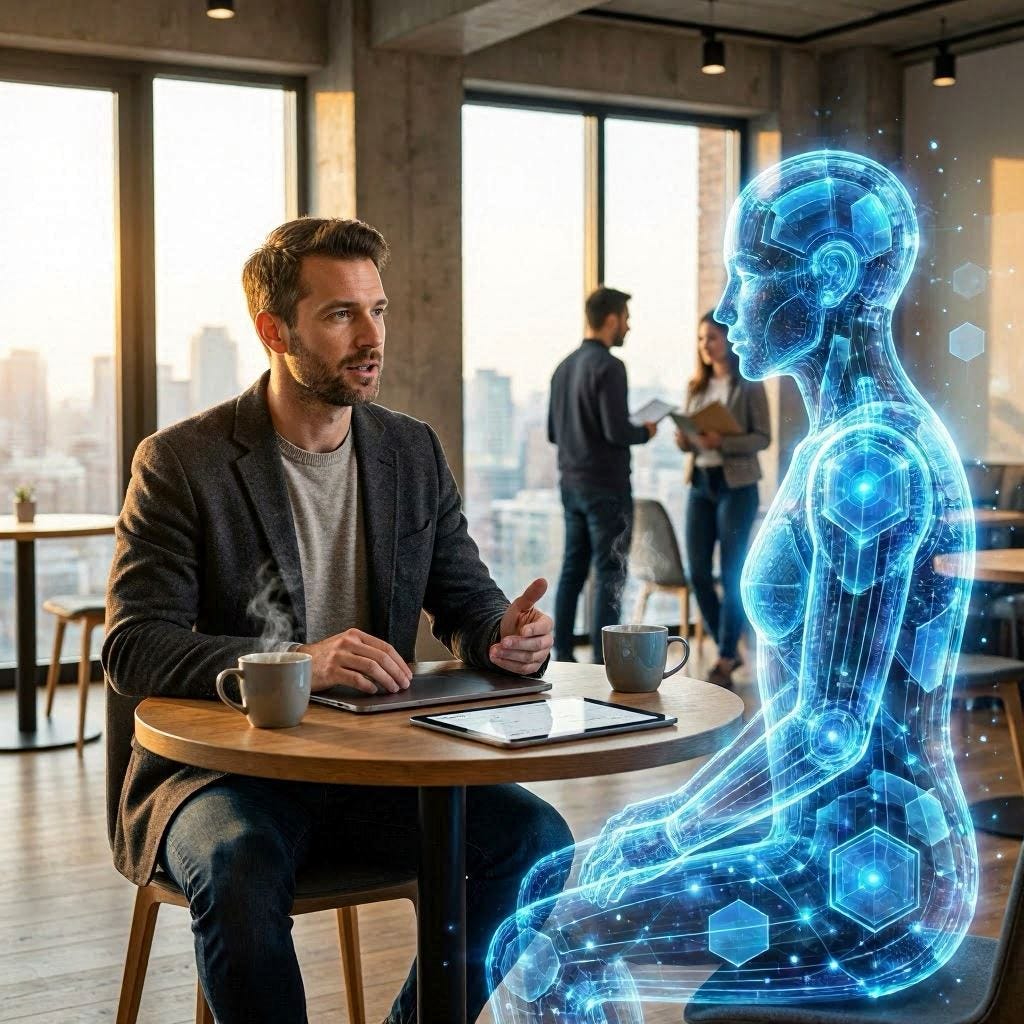 An image of a man and an AI having a discussion 