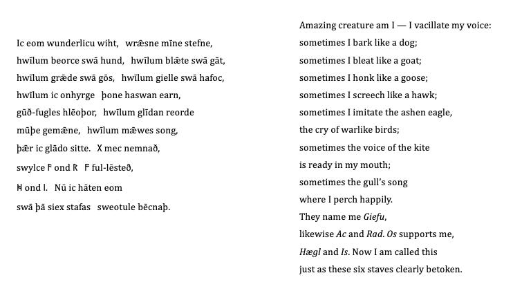 Amazing creature am I — I vacillate my voice: sometimes I bark like a dog; sometimes I bleat like a goat; sometimes I honk like a goose; sometimes I screech like a hawk; sometimes I imitate the ashen eagle, the cry of warlike birds; sometimes the voice of the kite is ready in my mouth; sometimes the gull’s song where I perch happily.  They name me Giefu, likewise Ac and Rad. Os supports me, Hægl and Is. Now I am called this just as these six staves clearly betoken.