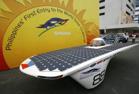 Photo: Wikimedia Commons / Wikimedia Commons (Public domain) SINAG is the first Philippine Solar-Powered Race Car and the first entry of the Philippines to the World Solar Challenge.