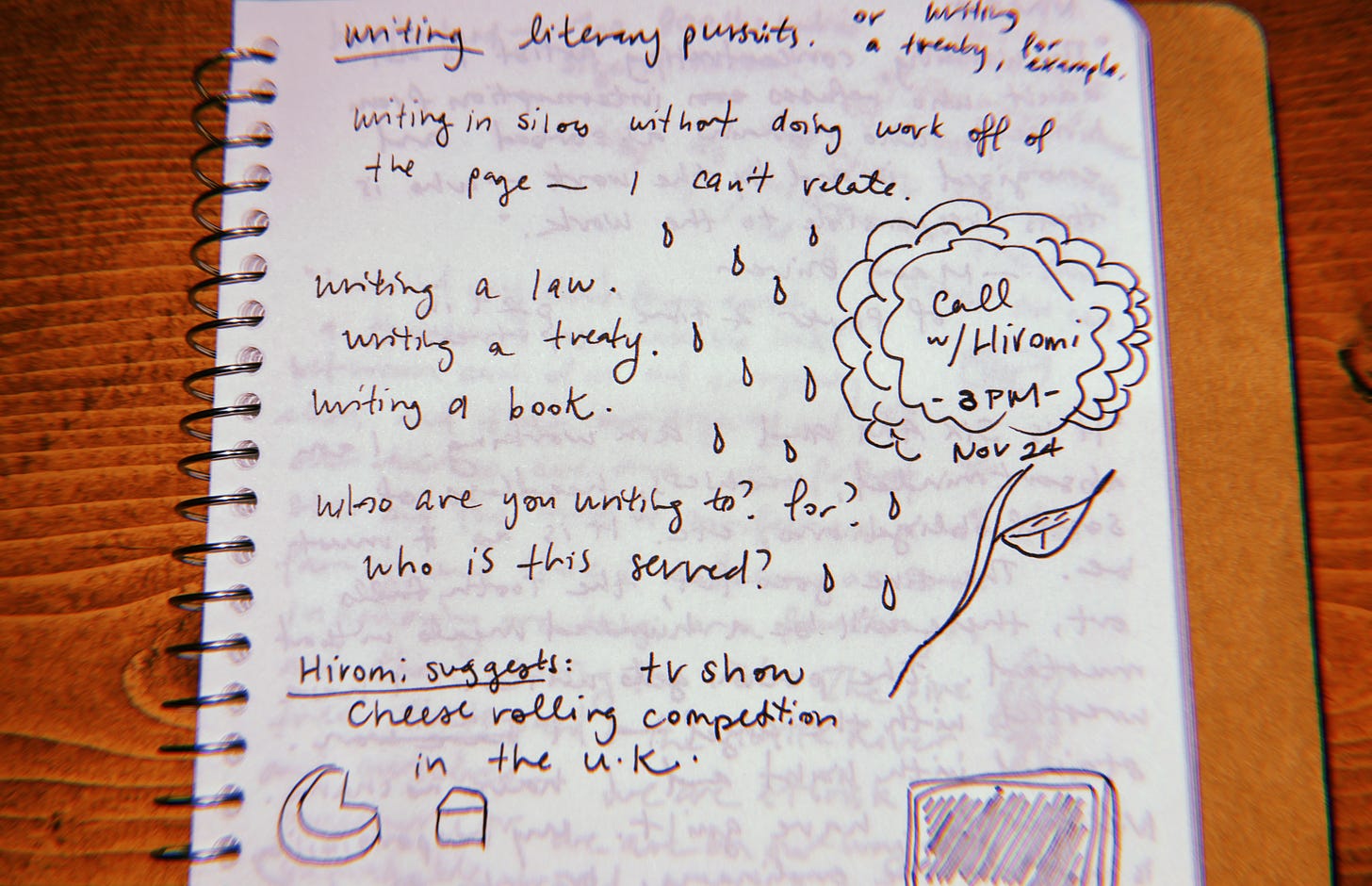 Photo of Erica's writing notebook with various thoughts and doodles, including raindrops and a flower around a meeting date/time