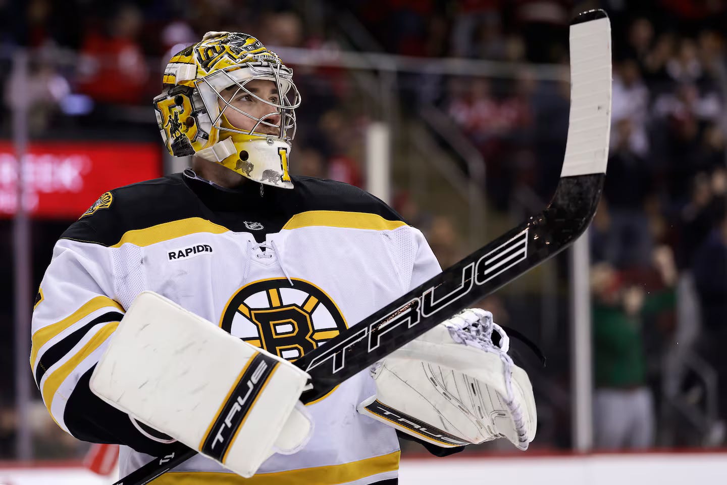 Bruins goalie Jeremy Swayman (above) allowed four goals on 29 shots against the Devils before being lifted in favor of Joonas Korpisalo for the third period.