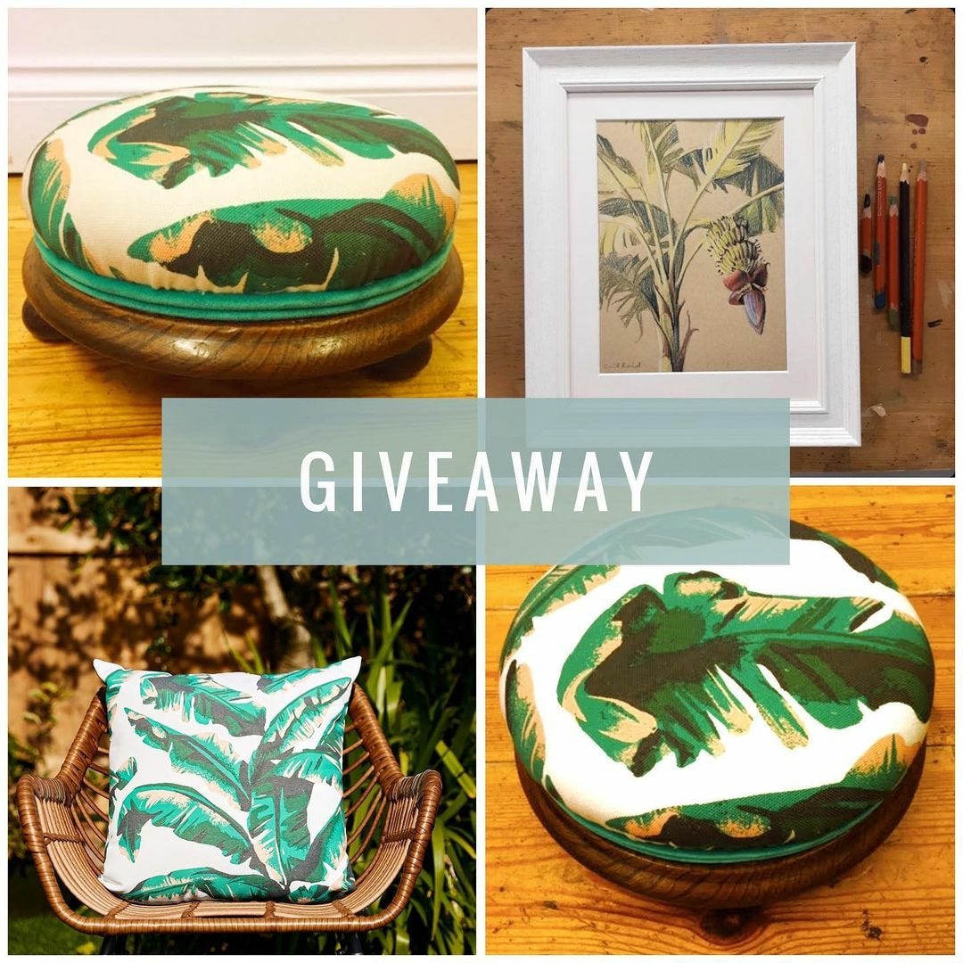 Photo of a round oak footstool upholstered with botanical fabric, a chair in dappled sunlight with the same fabric cushion, and a framed drawing with pencils