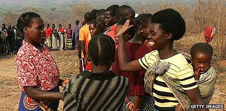 Women queuing at a polling station