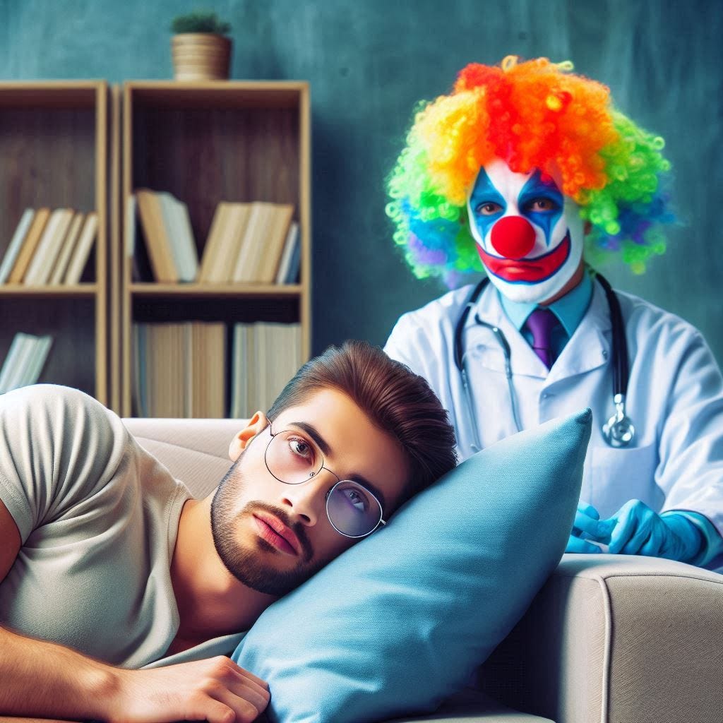 A handsome man in his 30s lies on a couch in a psychiatrist's office. The psychiatrist wears a white coat, glasses, clown makeup, and a bright rainbow-colored wig. Slight impressionist style. A handsome man in his 30s lies on a couch in a psychiatrist's office. The psychiatrist wears a white coat, glasses, clown makeup, and a bright rainbow-colored wig. Slight impressionist style.