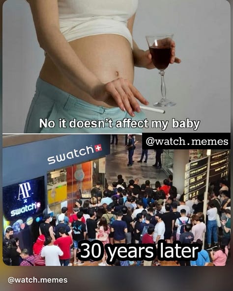 Nine-panel grid of social media screenshots and news footage documenting the chaotic global launch of the Swatch x Audemars Piguet Royal Pop collaboration. Top row shows crowds gathered outside boutiques, a young man in a trench coat captioned "For Swatch x AP Collab," and a dense crowd inside a London-themed Swatch store. Middle row shows hundreds of people lined up outside a storefront at dawn, security personnel on a mezzanine overlooking a packed lower level, and a caption reading "Swatch X Ap Line Valley Fair 6 AM" with crying and broken-heart emojis over a sea of shoppers. Bottom row shows a news broadcast headline "Swatch x AP launch shut down after chaotic crowds outside Houston store," a meme of a pregnant woman holding a glass of wine captioned "No it doesn't affect my baby" with the Swatch and AP storefront in the background and "30 years later" overlaid, and a final image of a raucous crowd with raised arms outside a Swatch boutique. The collage captures the unruly scenes, flipper culture, and viral social media response surrounding the Royal Pop pocket watch release in May 2026.