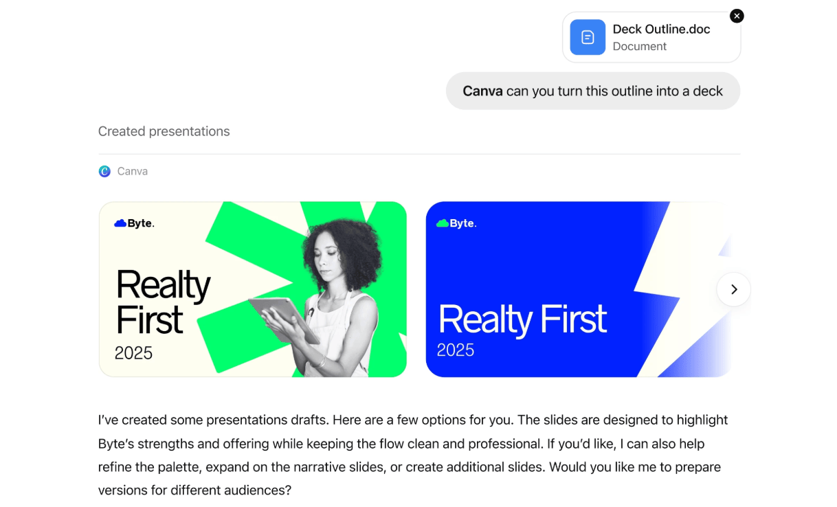 Screenshot showing a ChatGPT AI assistant creating two presentation drafts, 'Realty First 2025,' in response to a user-uploaded document outline. - Alt-text drafted with Gemini assistance Screenshot showing a ChatGPT AI assistant creating two presentation drafts, 'Realty First 2025,' in response to a user-uploaded document outline. - Alt-text drafted with Gemini assistance