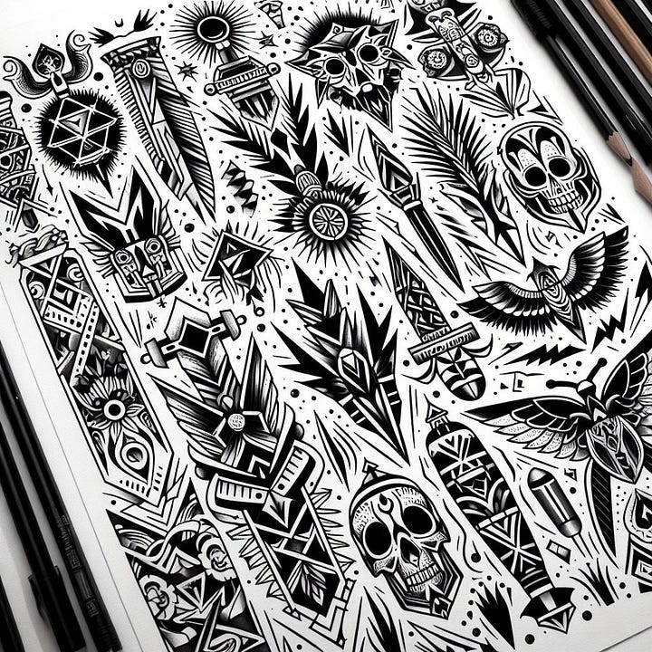 create image of flash paper with numerous tribal and geometric tattoos with no pencils desks or drawing instruments visible
