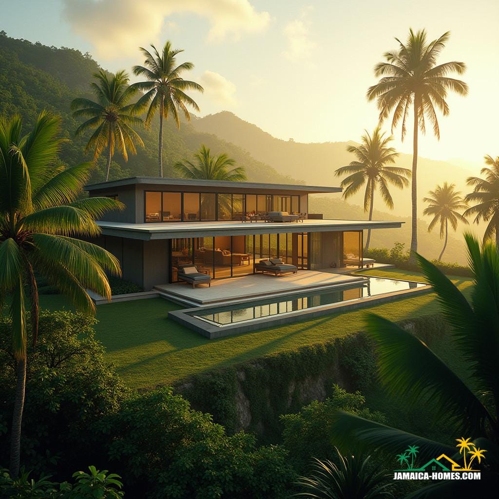 A majestic, modern Izba-style home situated in the lush, tropical hills of Kingston, Jamaica, Caribbean, bathed in warm, golden light, surrounded by vibrant, emerald green foliage and towering palm trees, with a hint of misty, atmospheric haze in the distance.