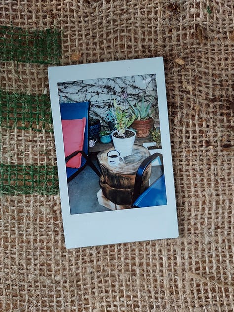 Instant photographs of coffee mugs or coffee drinking selfies by a bearded gentleman with a bald head.