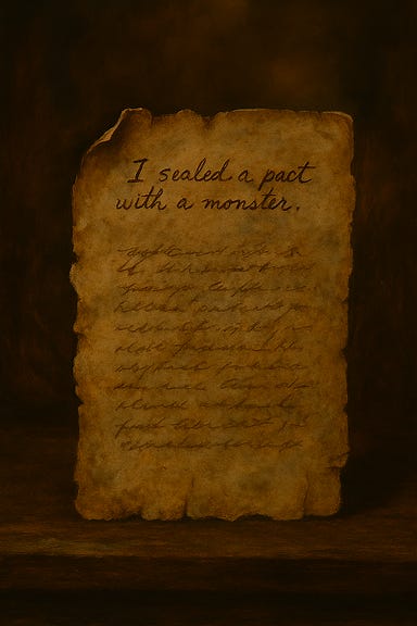 A torn page from Fleetwood's father's journal lies in his hand, the parchment yellowed and brittle with age. The ink is faded but legible, written in a tight, deliberate script. A single line stands out, underlined in red: 'The pact was sealed beneath the bone tree, and its roots still whisper.' The page bears a wax seal—cracked and half-melted—bearing a sigil unknown to the party. Smudges of ash and dried blood mark the corners, and the atmosphere is tense, haunted, and steeped in familial mystery—capturing the moment Fleetwood studies the page Morgantha gave him. A torn page from Fleetwood's father's journal lies in his hand, the parchment yellowed and brittle with age. The ink is faded but legible, written in a tight, deliberate script. A single line stands out, underlined in red: 'The pact was sealed beneath the bone tree, and its roots still whisper.' The page bears a wax seal—cracked and half-melted—bearing a sigil unknown to the party. Smudges of ash and dried blood mark the corners, and the atmosphere is tense, haunted, and steeped in familial mystery—capturing the moment Fleetwood studies the page Morgantha gave him.
