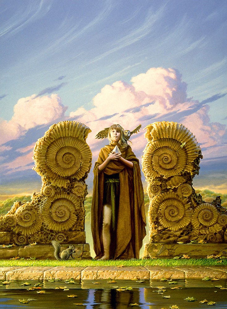 Stepping through a break in a wall made of ammonite fossil spirals, an adolescent girl with straight blonde hair clutches a glass pyramid to her chest. An owl perches on her shoulder with wings flared as if taking off or just landing. A plain brown cloak wraps across her shoulders mostly covering the darker tunic beneath. The ends of a long green sash, tied at her waist, dangles down to loose white stockings. A squirrel stops at her feet to snack on a nut. In front of her, leaves are strewn about the perfectly manicured lawn, which quickly gives way to placid water. Uniform stone blocks border the water's edge. Behind her, a mass of clouds billow. Thinner clouds cross dramatically on a diagonal giving the sky a hint of motion. Stepping through a break in a wall made of ammonite fossil spirals, an adolescent girl with straight blonde hair clutches a glass pyramid to her chest. An owl perches on her shoulder with wings flared as if taking off or just landing. A plain brown cloak wraps across her shoulders mostly covering the darker tunic beneath. The ends of a long green sash, tied at her waist, dangles down to loose white stockings. A squirrel stops at her feet to snack on a nut. In front of her, leaves are strewn about the perfectly manicured lawn, which quickly gives way to placid water. Uniform stone blocks border the water's edge. Behind her, a mass of clouds billow. Thinner clouds cross dramatically on a diagonal giving the sky a hint of motion.