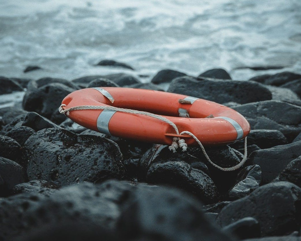 Life preserver on black rock near body of water during daytime.