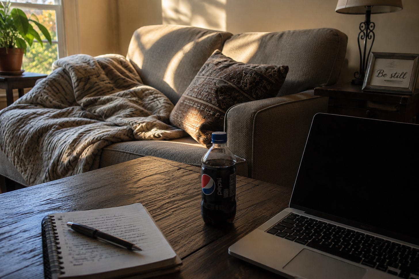 A cozy living room workspace in warm natural light with an open laptop, handwritten notebook, pen, and Pepsi bottle on a wooden table. A comfortable couch with a rumpled blanket sits just beyond the workspace, suggesting a choice between continuing to work and taking time to rest. A cozy living room workspace in warm natural light with an open laptop, handwritten notebook, pen, and Pepsi bottle on a wooden table. A comfortable couch with a rumpled blanket sits just beyond the workspace, suggesting a choice between continuing to work and taking time to rest.