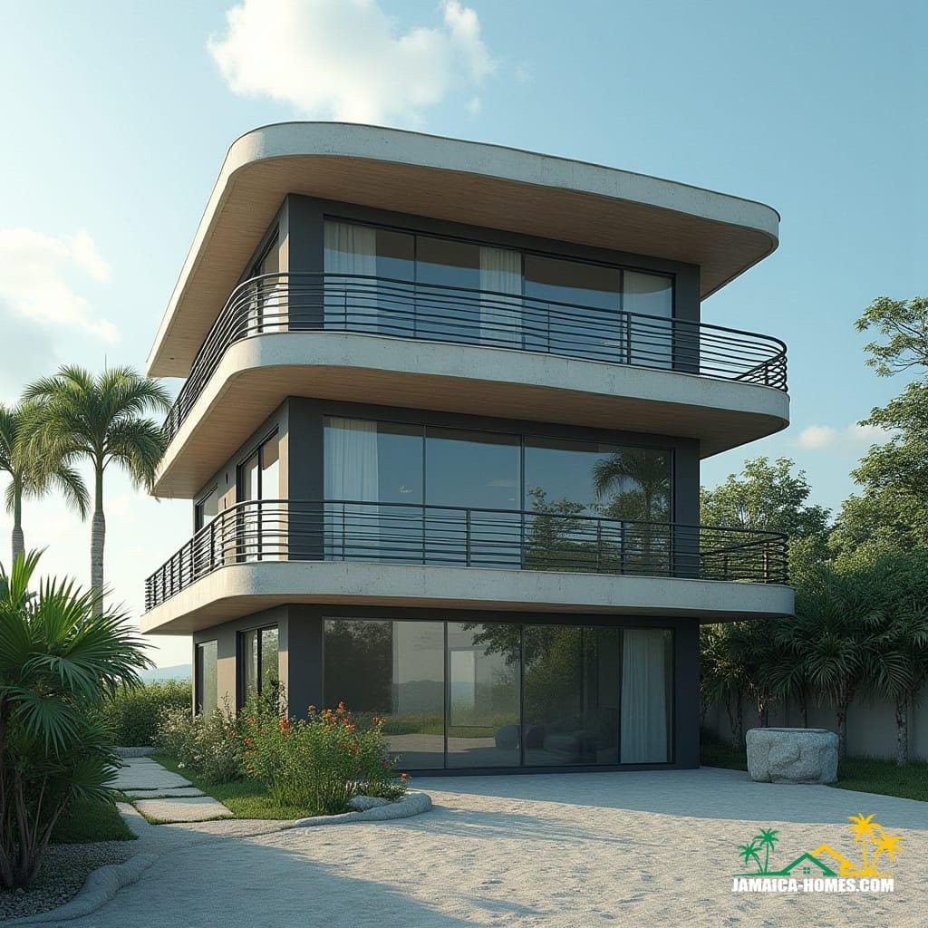 A majestic 4-storey steel frame round beach home in Jamaica, Caribbean, with protruding balconies, bathed in warm cinematic lighting 