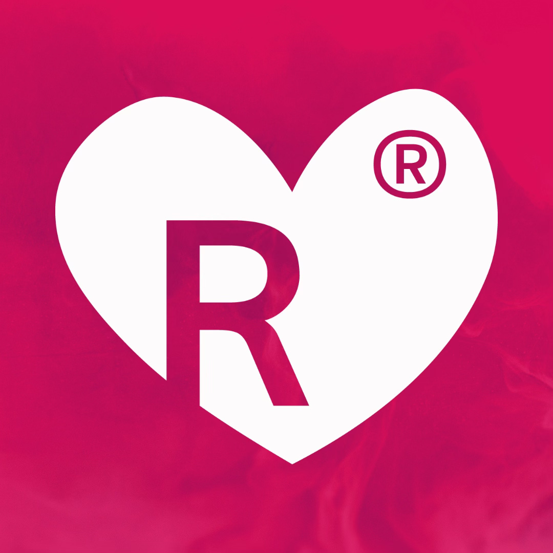 R Love in white. Heart icon with an R cut-out. R Love in white. Heart icon with an R cut-out.