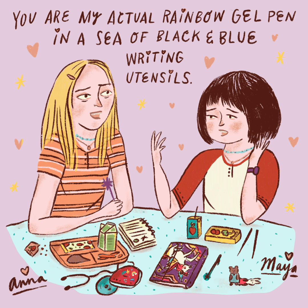 This may contain: two women sitting at a table with writing utensils on it and the caption says, you are my actual rainbow gel pen in a sea of black & blue