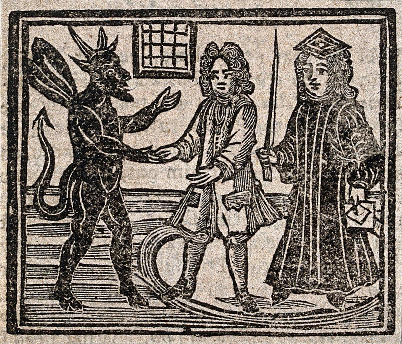 Witchcraft: the devil talking to a gentleman and a judge (?) in a circle.  Woodcut, 1720. | Wellcome Collection