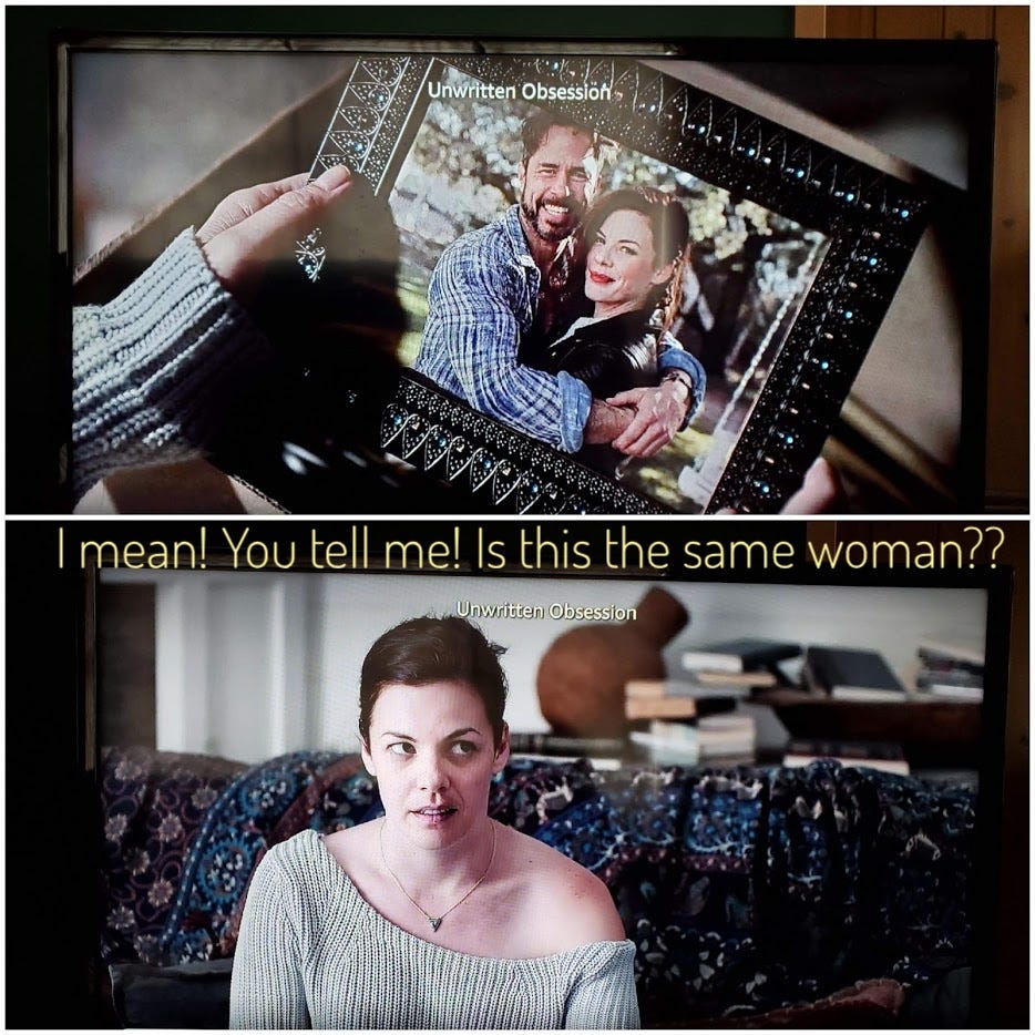Two photos, the top is a smiling bearded man embracing a smiling brunette woman, the bottom is apparently the same woman, looking tired, captioned "I mean! You tell me! Is this the same woman??"