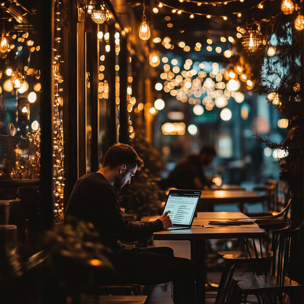 A male writer in a quaint coffee shop in the evening. He's using a laptop. The space is lit by warm and glowing string lights.