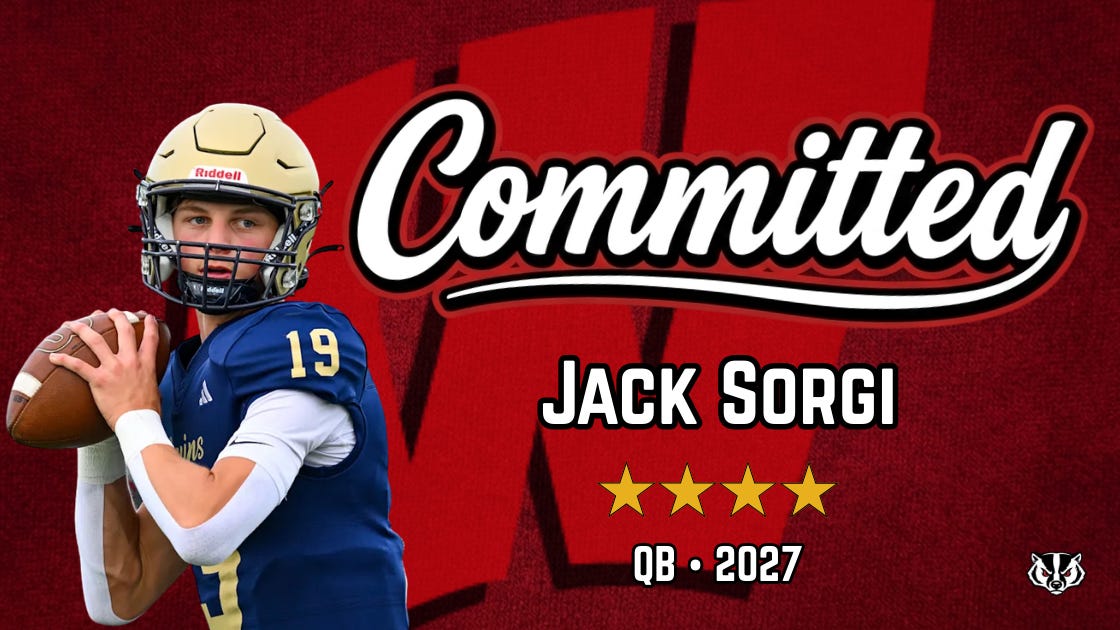 Jack Sorgi 4-star 2027 quarterback commitment graphic. Pictured holding a football and wearing uniform number 19 with large 'Committed' text over a red 'W' background.