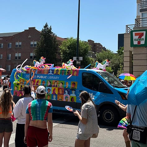 8 photos of a Pride parade. One photo of the Colorado Supreme Court Building with text reading "Liberty and Justice for All"