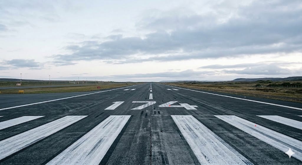 A long empty airport runway stretching to the horizon under a wide pale morning sky, photographed from ground level at the painted threshold line, cinematic composition, muted cool tones, overcast natural light, vast open landscape in the background, no people, no aircraft, photorealistic, editorial photography style. A long empty airport runway stretching to the horizon under a wide pale morning sky, photographed from ground level at the painted threshold line, cinematic composition, muted cool tones, overcast natural light, vast open landscape in the background, no people, no aircraft, photorealistic, editorial photography style.