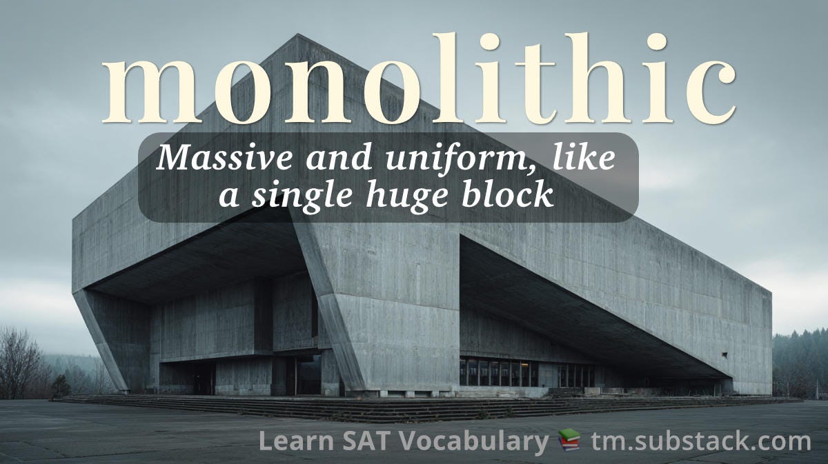 monolithic — massive and uniform; like a single block (adj.). A Brutalist concrete building looms as one hulking slab, emphasizing size and sameness. monolithic — massive and uniform; like a single block (adj.). A Brutalist concrete building looms as one hulking slab, emphasizing size and sameness.