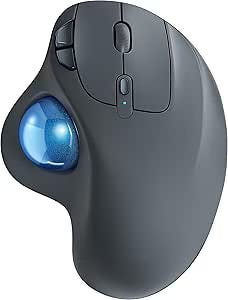 Wireless ergonomic mouse with a blue trackball.