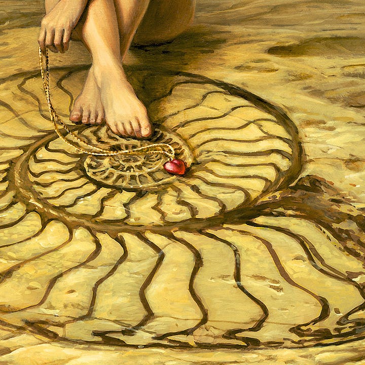 LEFT: Figure detail from EQUANIMITY featuring a woman sitting naked on rough stone with her back to the ocean. Her knees are up and ankles crossed as she glances down in contemplation at an impression of an ammonite set in—or perhaps even painted on—sand colored stone. One arm is extended over her legs as she loosely holds a thin chain as if she were drawing the red glass heart tied to the end across the chambers of the ammonite. RIGHT: Close detail from EQUANIMITY featuring a red glass heart on a long thin chain. Light reflect off one curve of the heart glossy white. The stone beneath it is marked with the chambered spiral of an ammonite fossil.